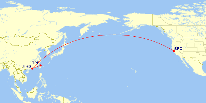 San Francisco (SFO) to Hong Kong (HKG) to Taipei (TPE) fall just under 7,500 miles in distance.