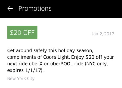 Use promo code LIGHTNYC16 for $20 off your next UberX or UberPOOL ride in New York City.