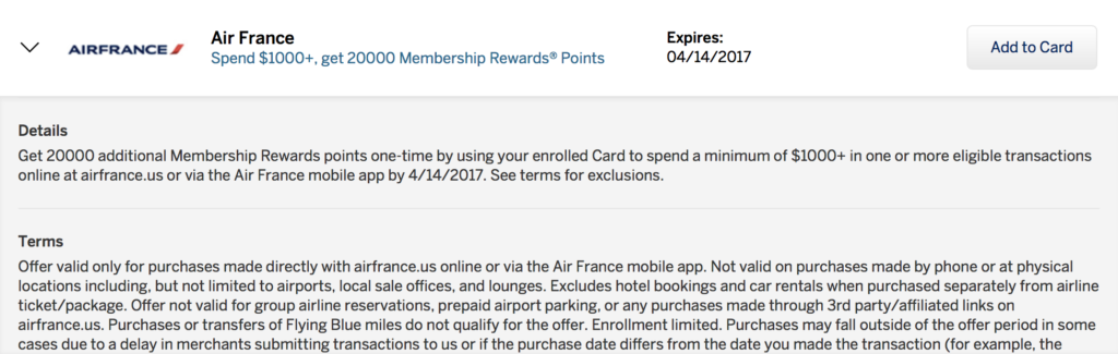 You can earn 20,000 bonus American Express Membership Rewards points when you spend $1,000 with Air France via this Amex offer! 