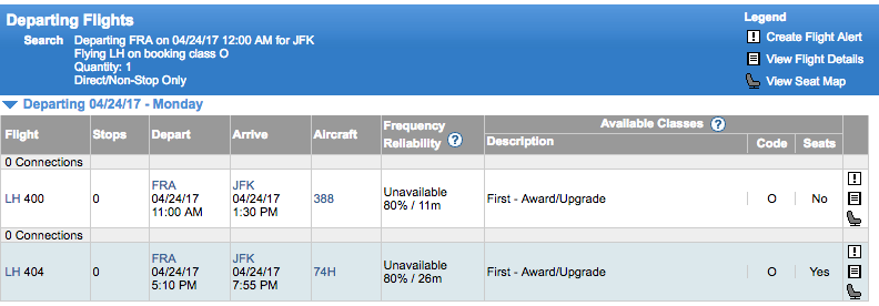 Availability on Lufthansa FRA-JFK