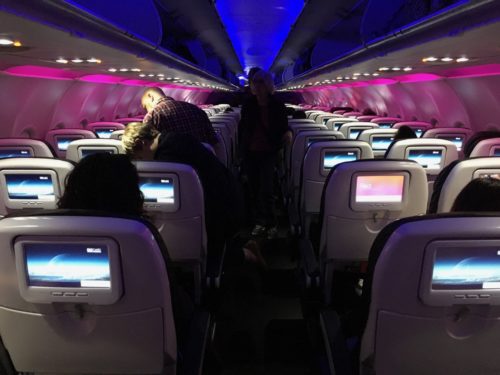 The mid-day mood lighting setting on a Virgin America flight from Portland (PDX) to San Francisco (SFO).