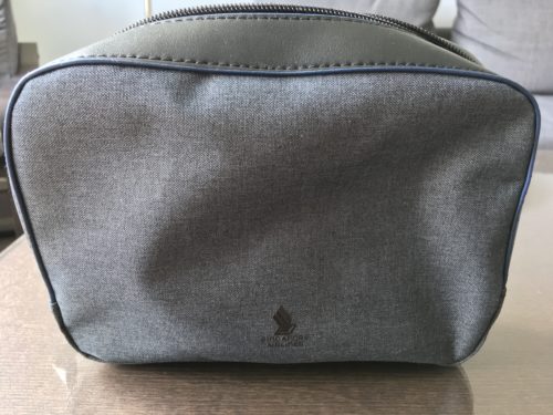 a grey bag on a table