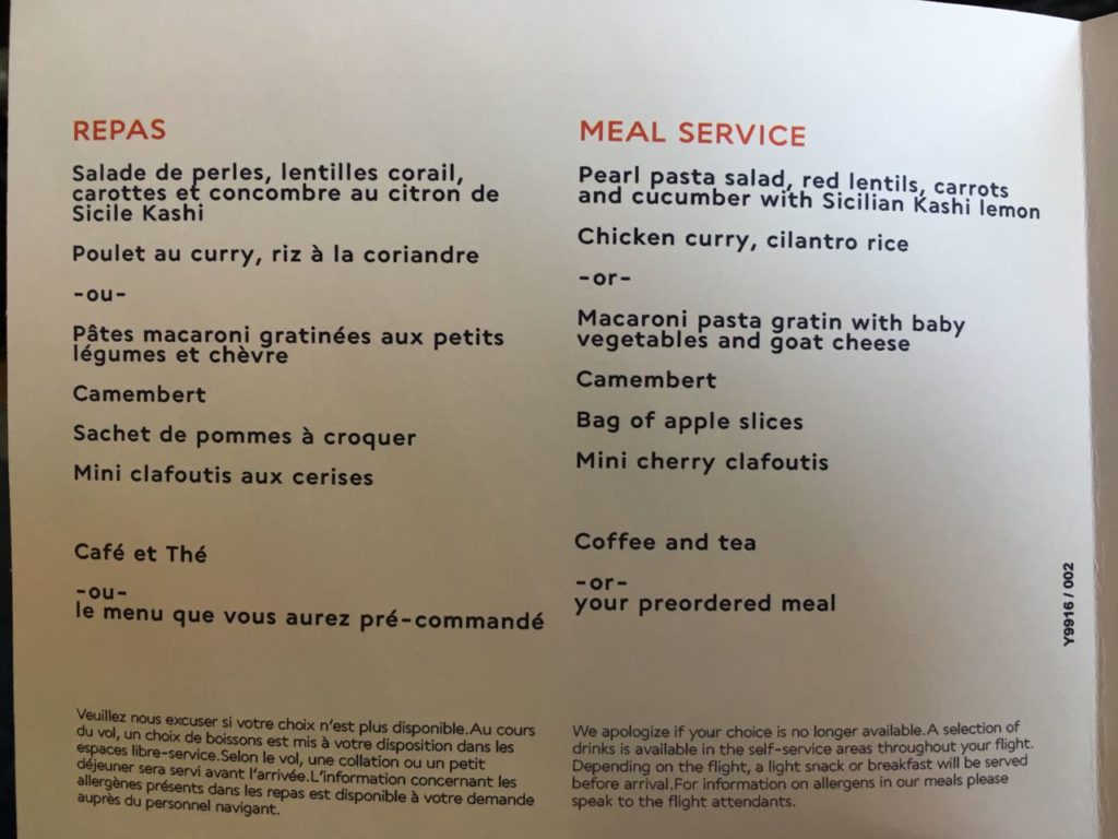a menu with black text and red text