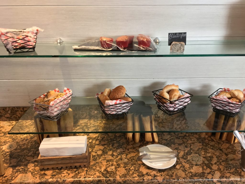 a glass shelves with food on it
