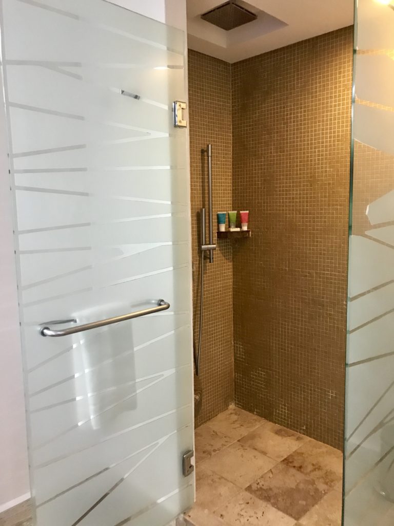 a glass door in a shower