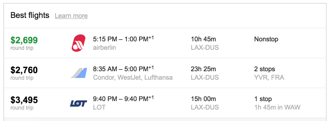 Non-stop fare business class Los Angeles to Dusseldorf.
