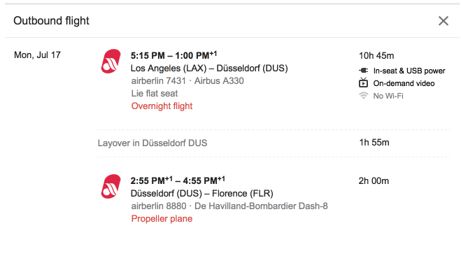 Air Berlin lie-flat business class routing, Los Angeles (LAX) to Dusseldorf to Florence.