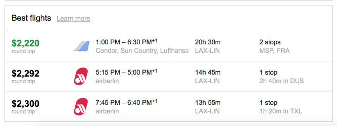 Air Berlin business class fare Los Angeles to Milan. 