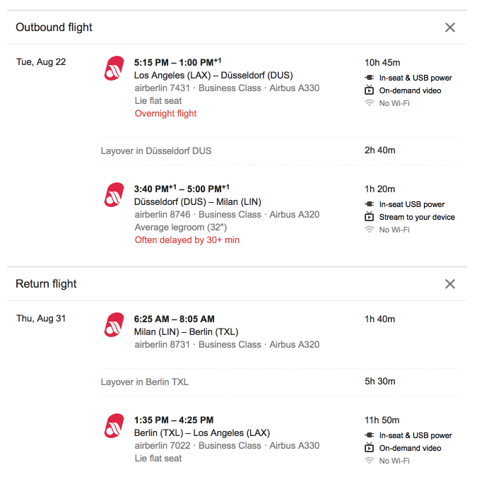 Air Berlin business class fare Los Angeles to Milan. 
