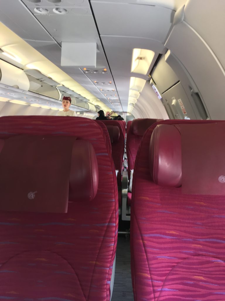 a row of red seats in an airplane