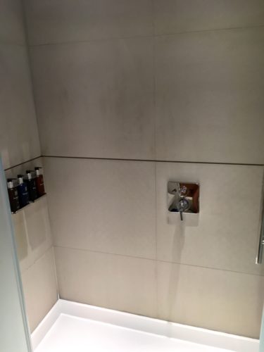 a shower with a faucet and a shower head