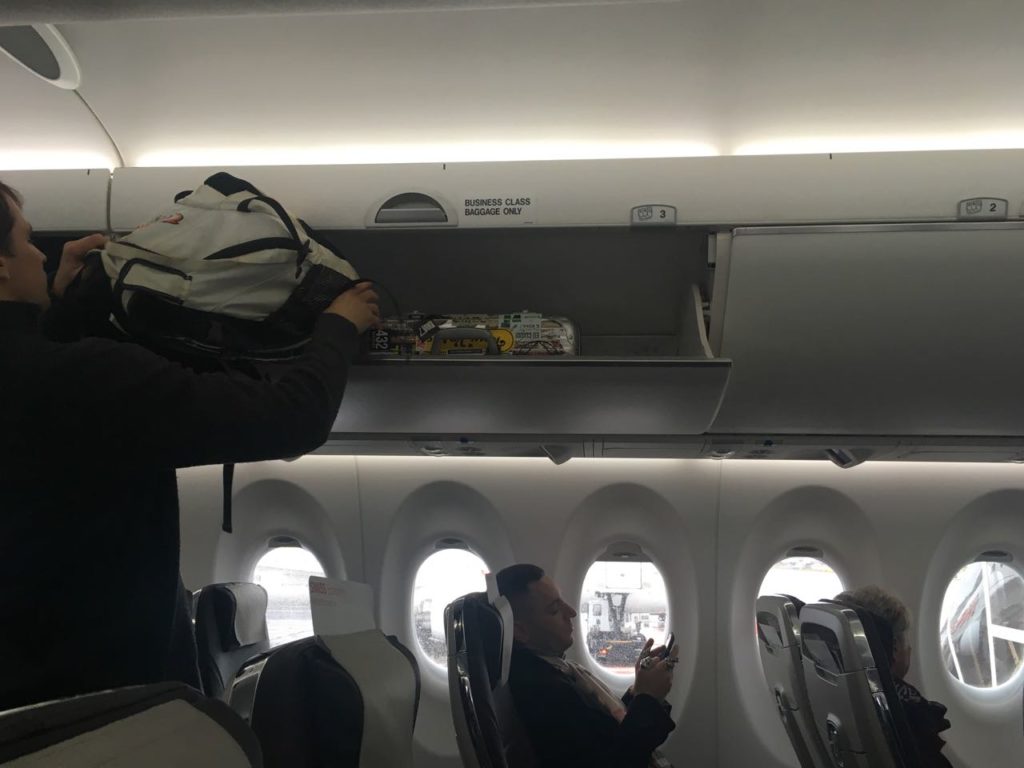 a person with a backpack on a plane