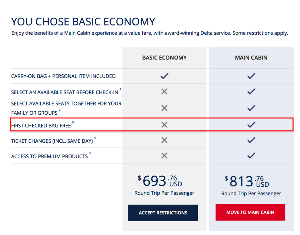 Delta will no longer offer a free checked bag on flights between US and Europe or North Africa in Basic Economy.