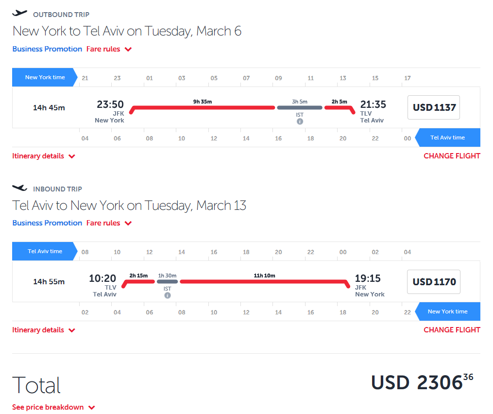 A roundtrip Business Class ticket between New York and Tel Aviv would be $2306 without the discount.