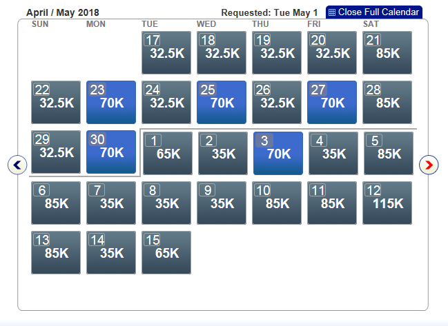 Business Class award availability on American Airlines' Dallas-Hong Kong flights in May 2018.