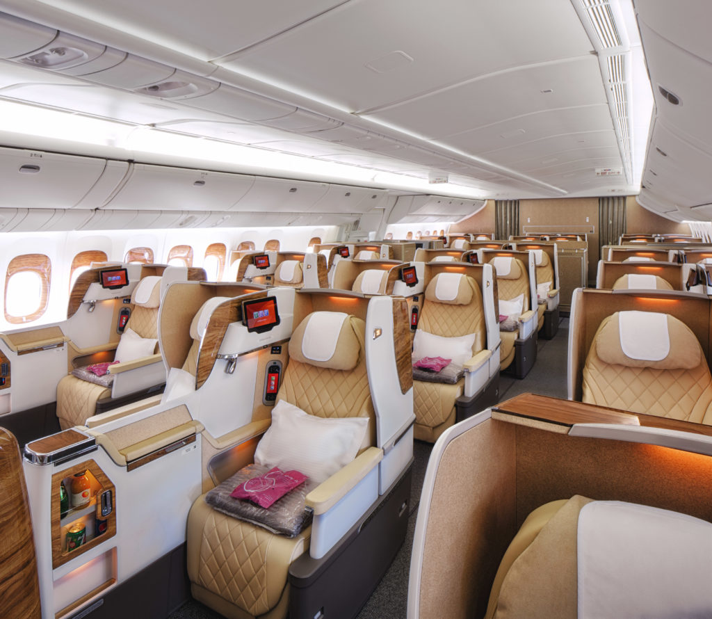 Emirates is retrofitting 777-200LR with the new Business Class, in a 2-2-2 configuration. Source: Emirates