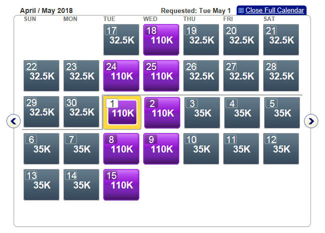 First Class award availability on American Airlines' Los Angeles-Hong Kong flights in May 2018.