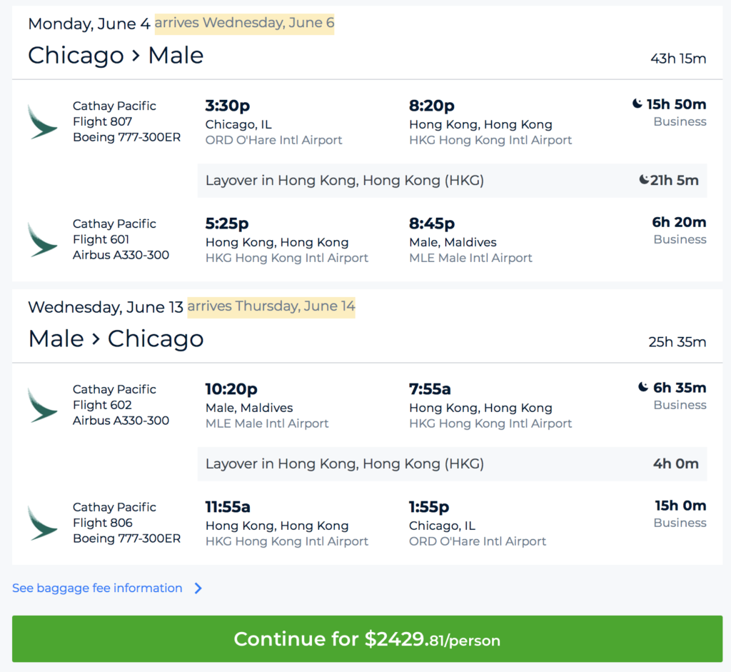 Cathay Pacific is having great fares from Chicago (ORD) to Maldives (MLE) in Business Class.
