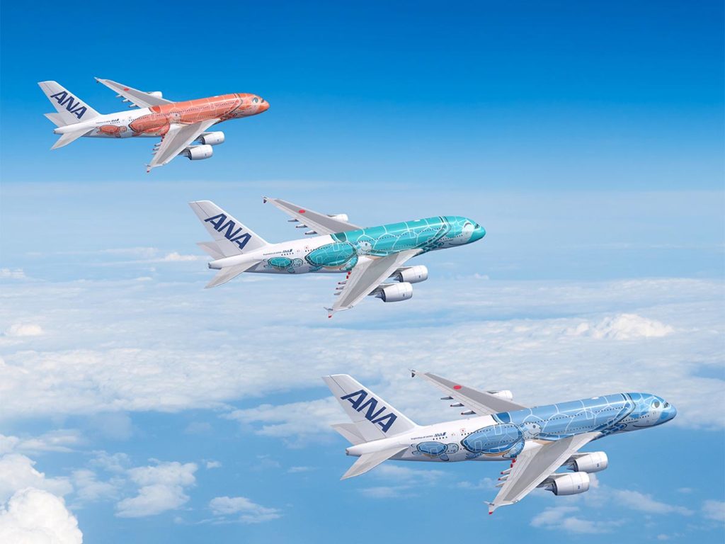 Each of ANA's A380 will feature a different color of the Flying HONU livery. Source: ANA