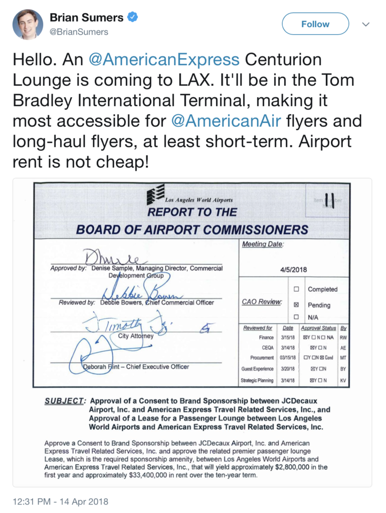 American Express has reportedly entered an agreement with Los Angeles World Airport to open a new Centurion Lounge in LAX. Source: @BrianSumers