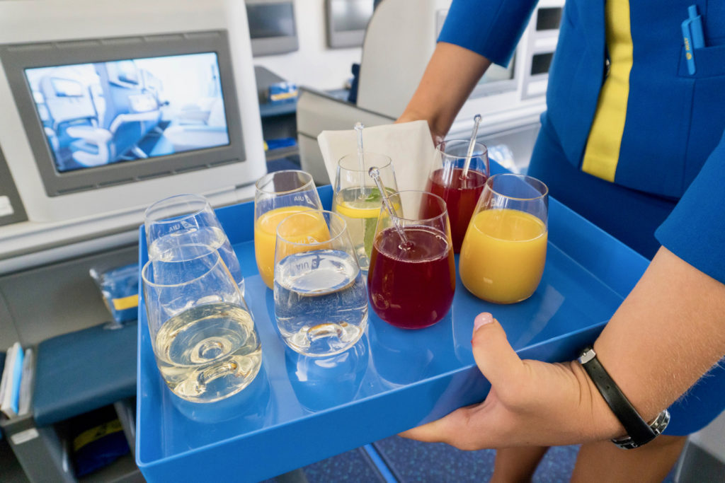 Ukraine International Airlines 777-200ER Business Class Welcome Beverage. Photo by the author.