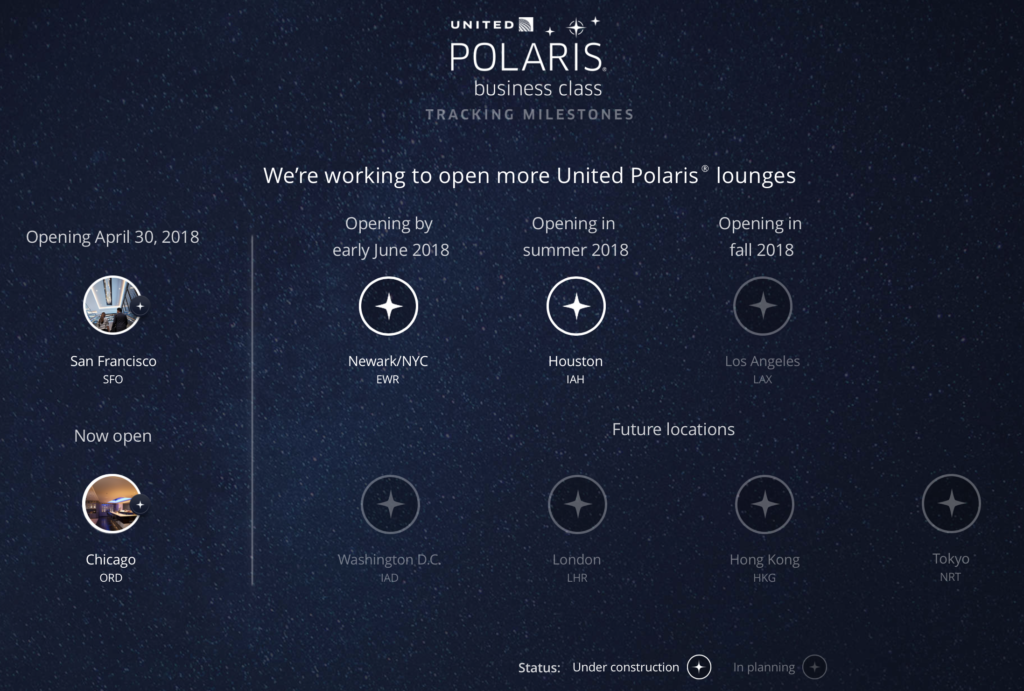United's Polaris Tracker showing future lounge openings. 