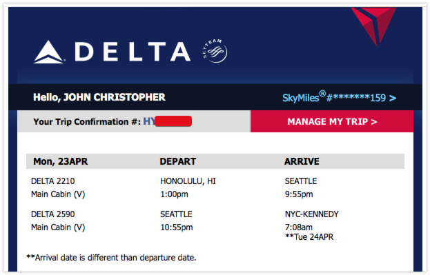 Delta Honolulu, Hawaii to New York itinerary