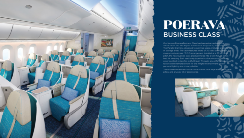 an airplane with blue and white seats
