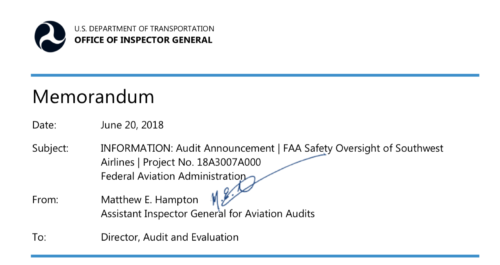 Office of Inspector General Sends Memorandum to FAA for Oversight of Southwest Airlines 