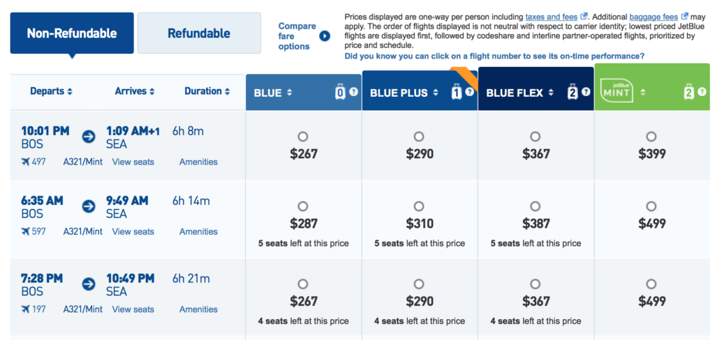 JetBlue Mint Fare Deal Boston BOS to Seattle SEA $399