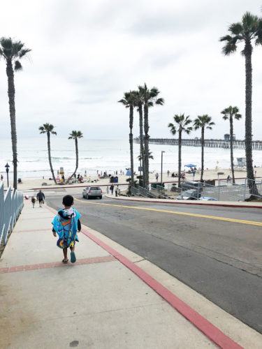 a person walking down a sidewalk with palm trees and a pier