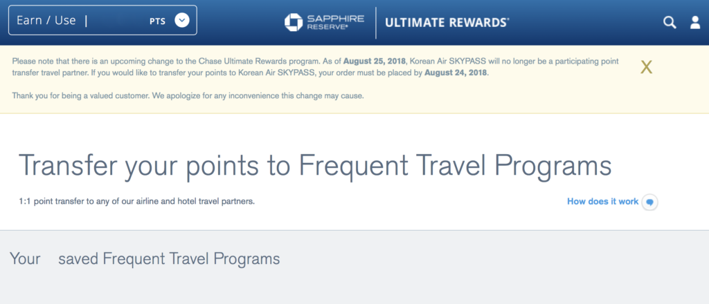 Korean Air SKYPASS is leaving Chase Ultiamte Rewards on August 25, 2018.