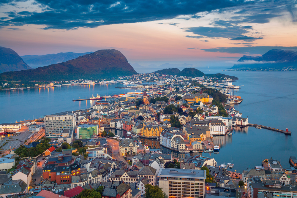 Alesund, Norway, is the nearest city to the remote Storfjord Hotel in the western Norwegian fjords.