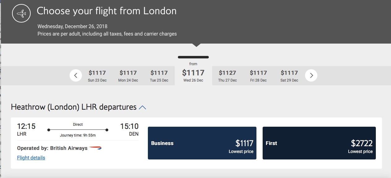 British Airways club world business class Denver London sale