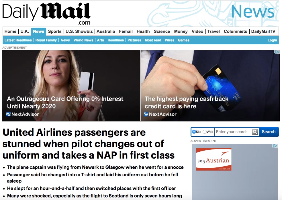 United pilot sleeping Daily Mail Mirror, Scotland, flight, first class
