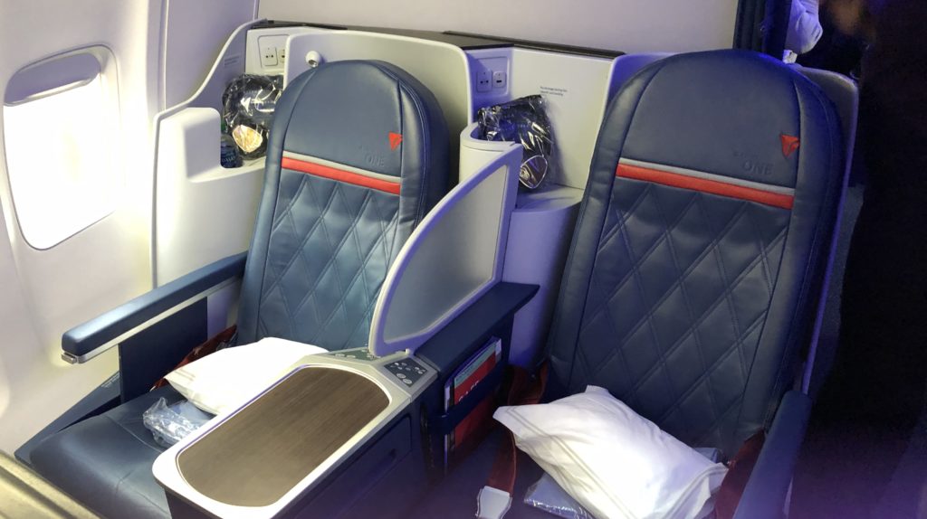 The excellently styled seats in Delta One business class aboard the Boeing 757.