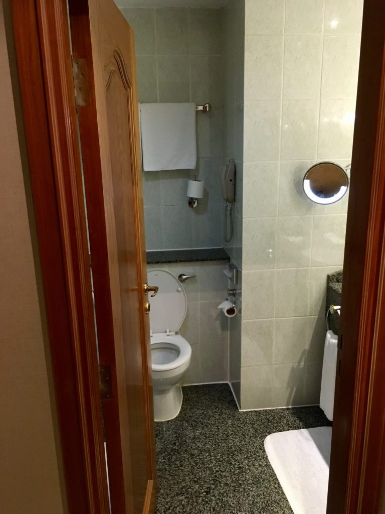 a bathroom with a toilet and a mirror