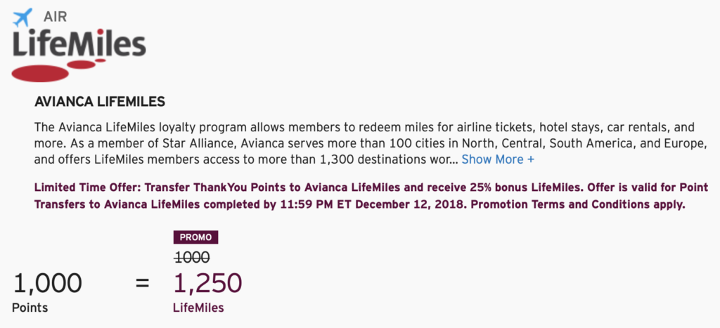 Citi is offering a 25% bonus when you transfer ThankYou points to Avianca LifeMiles. 