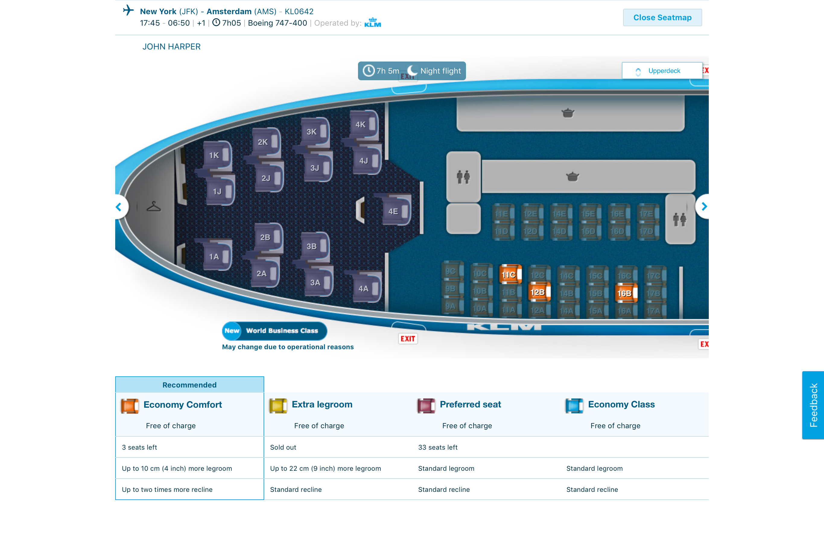 KLM 747 Economy Comfort seating chart