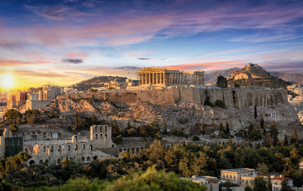 The Acropolis, seat of power of the Hellenic Empire, rises hundreds of feet above Athens, Greece.