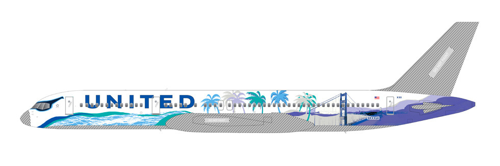 a plane with palm trees and a bridge