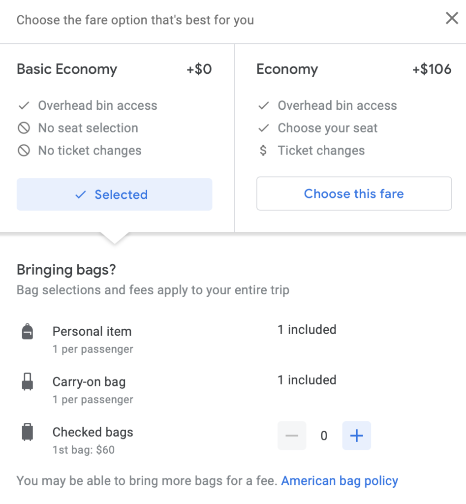 Google Flights will show you what's included in your fare option. 