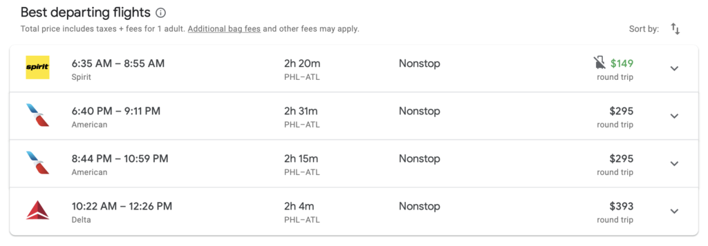 Google Flights will first show you what it considers to be best departing flights.