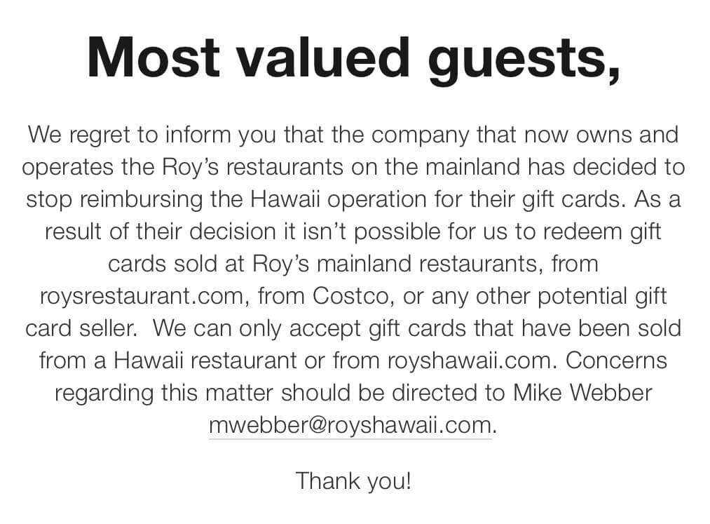 Roy's Gift Cards