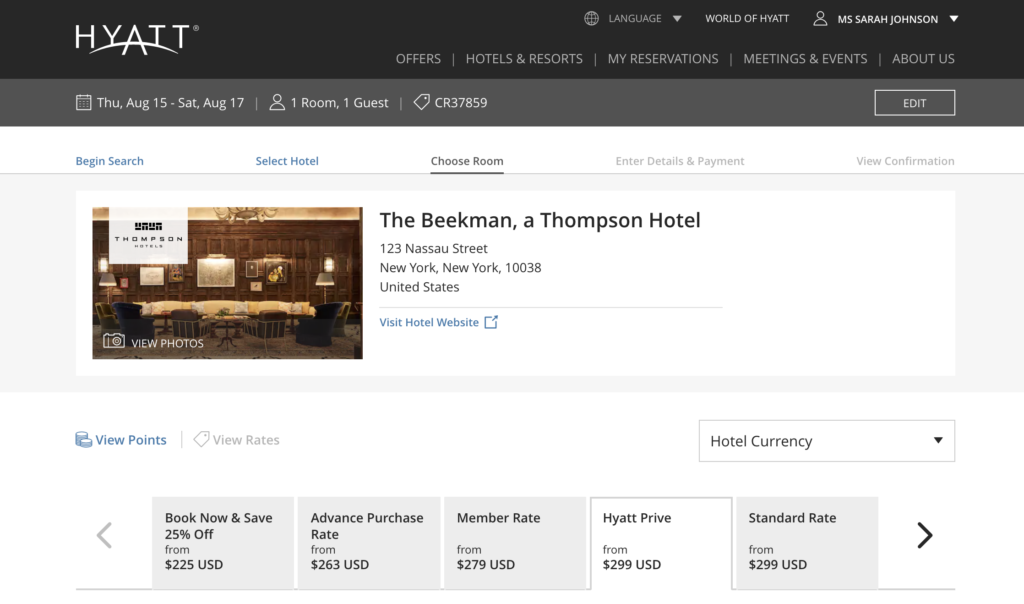 Screenshot showing Hyatt Prive rate against other rates for The Beekman.