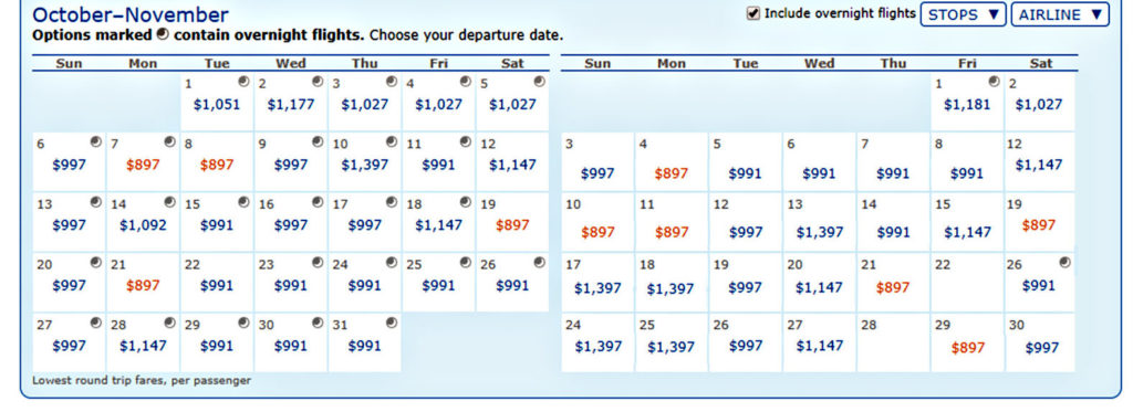 JetBlue BOS - LAS Mint Fare CheapOAir Oct 21-22 Calendar