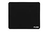 a black mouse pad with white text