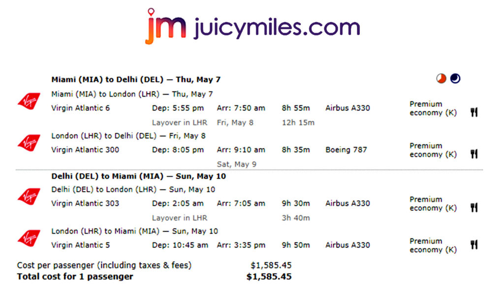 Miami to DEL Virgin Atlantic Premium Economy Fare Deal Juicy Miles