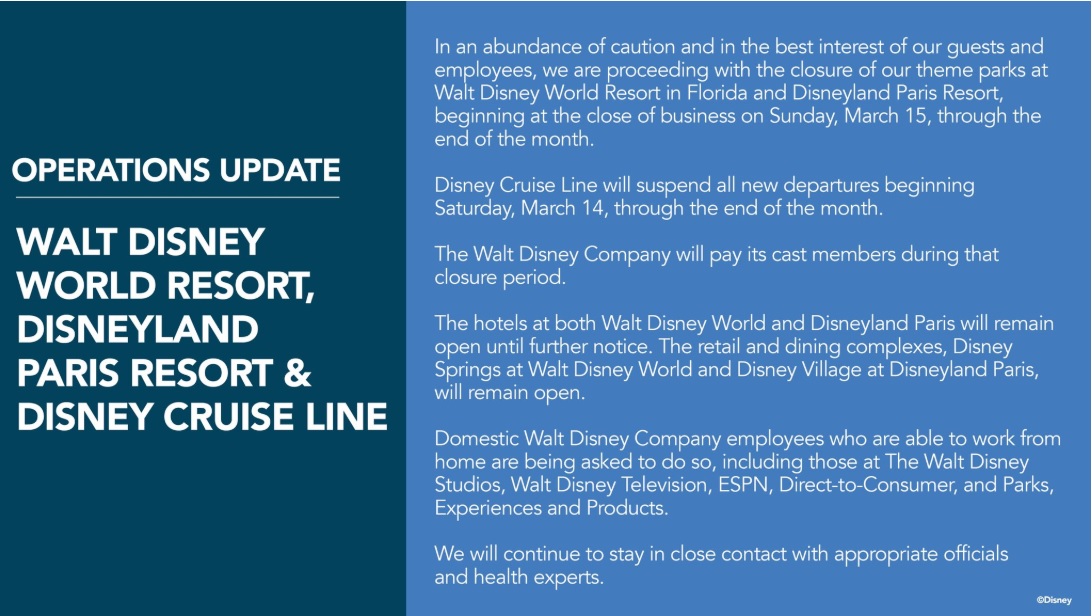 Disney parks and cruise line closing