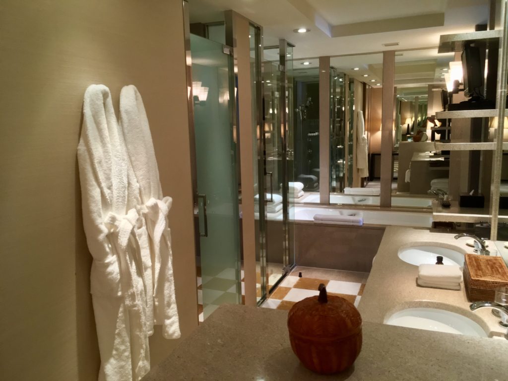 a bathroom with a pumpkin and a bathrobe